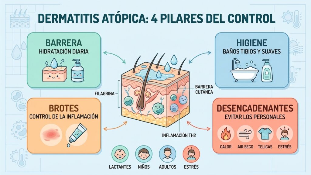 Cuatro pilares del control: barrera, higiene, brotes y desencadenantes individuales.