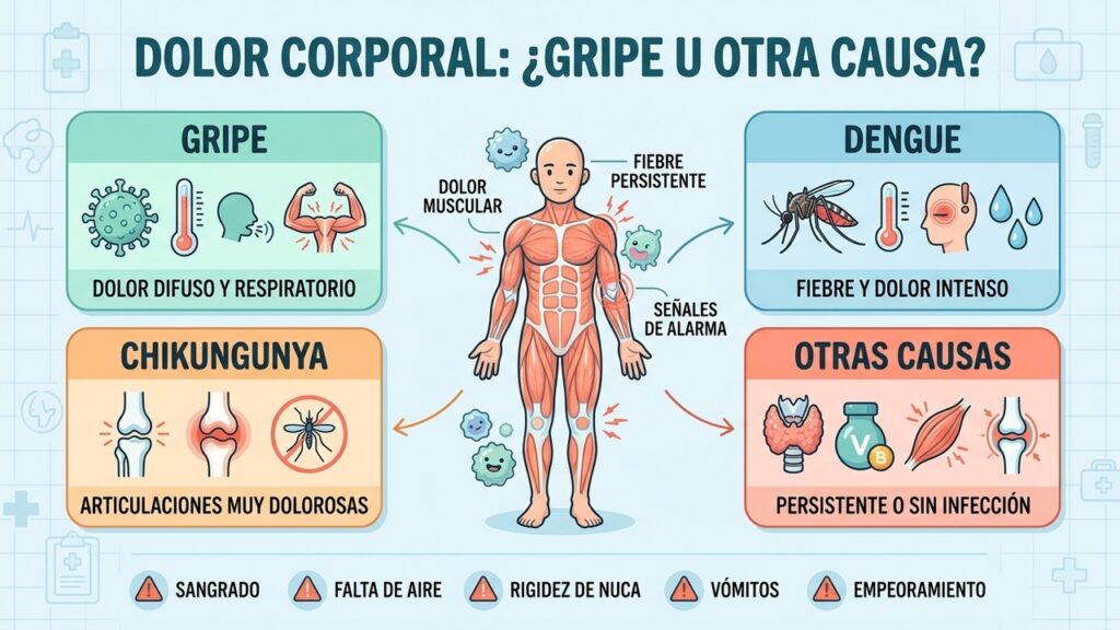 Gripe, dengue, chikungunya y otras causas explican distintos patrones de dolor corporal.