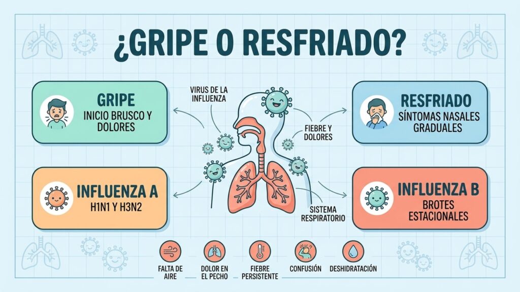 Gripe, resfriado y tipos de influenza: síntomas, diferencias y señales de alarma.