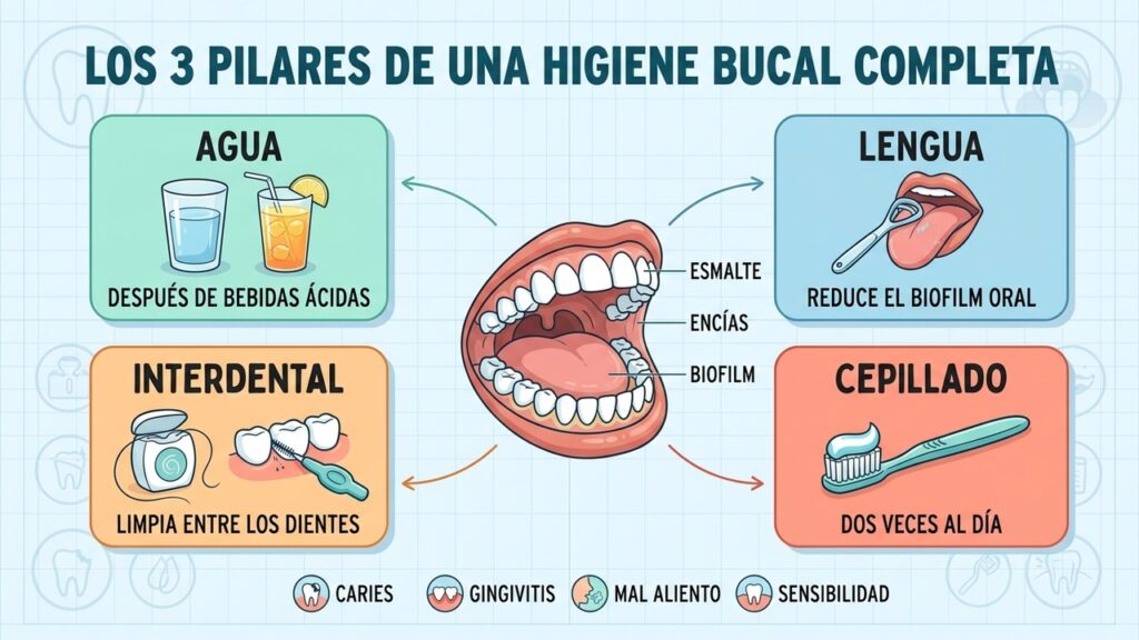 Tres pilares complementan el cepillado: agua, limpieza lingual e higiene interdental diaria