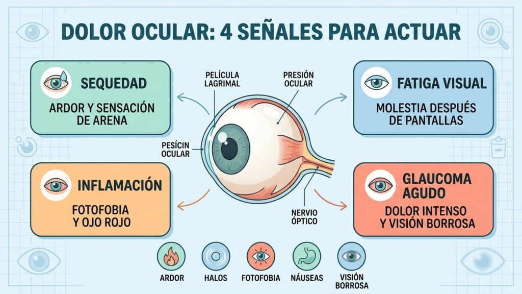 Cuatro causas del dolor ocular: sequedad, fatiga visual, inflamación y glaucoma agudo.