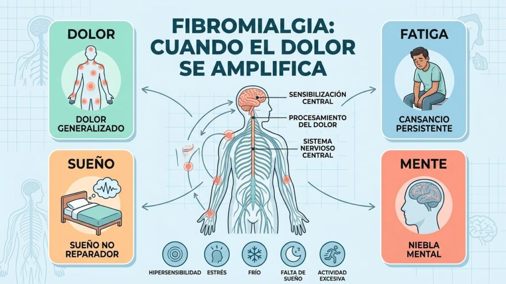 Cuatro señales frecuentes de fibromialgia: dolor, fatiga, sueño alterado y niebla mental