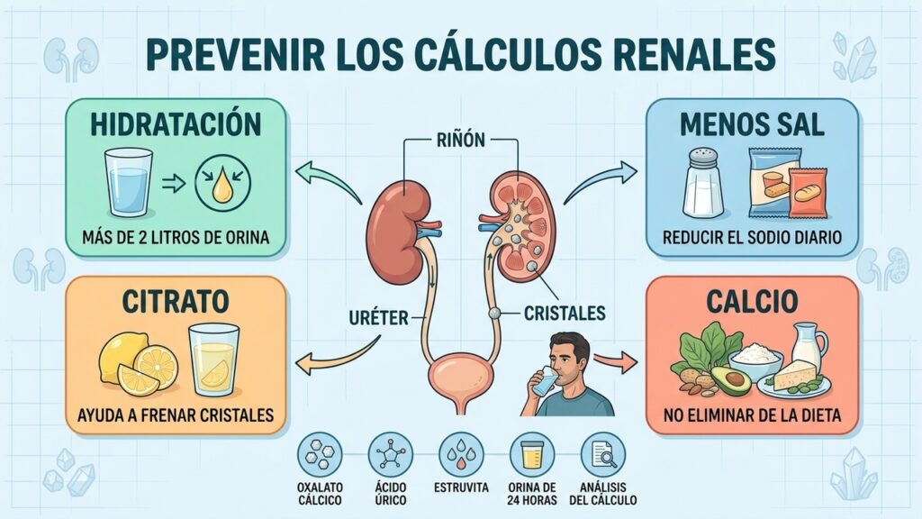 Hidratación, menos sodio y análisis metabólico ayudan a prevenir nuevos cálculos renales