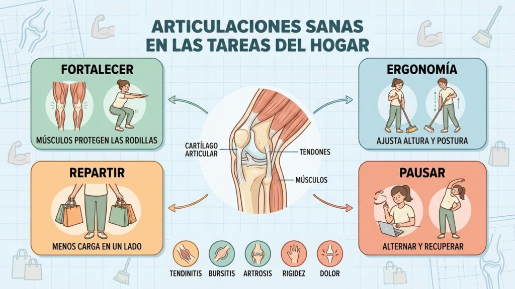 Fortalecer, ajustar, repartir y pausar protege rodillas y muñecas durante las tareas.