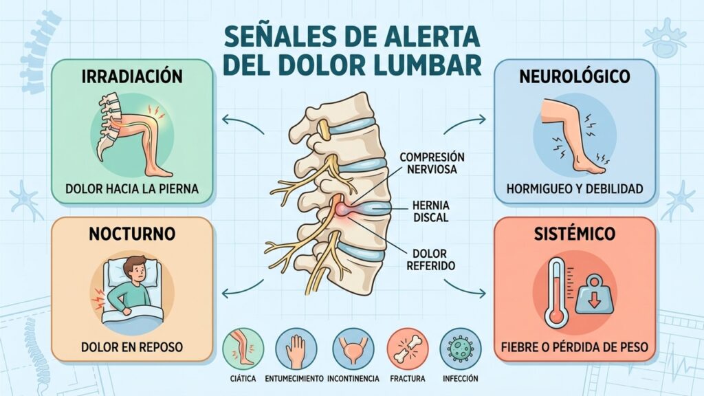 Cuatro banderas rojas del dolor lumbar ayudan a reconocer cuándo consultar urgentemente.