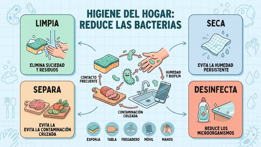 Cuatro pilares de la higiene doméstica: limpiar, secar, separar y desinfectar.