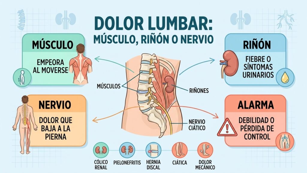 Movimiento, síntomas urinarios e irradiación ayudan a diferenciar dolor muscular, renal y nervioso.