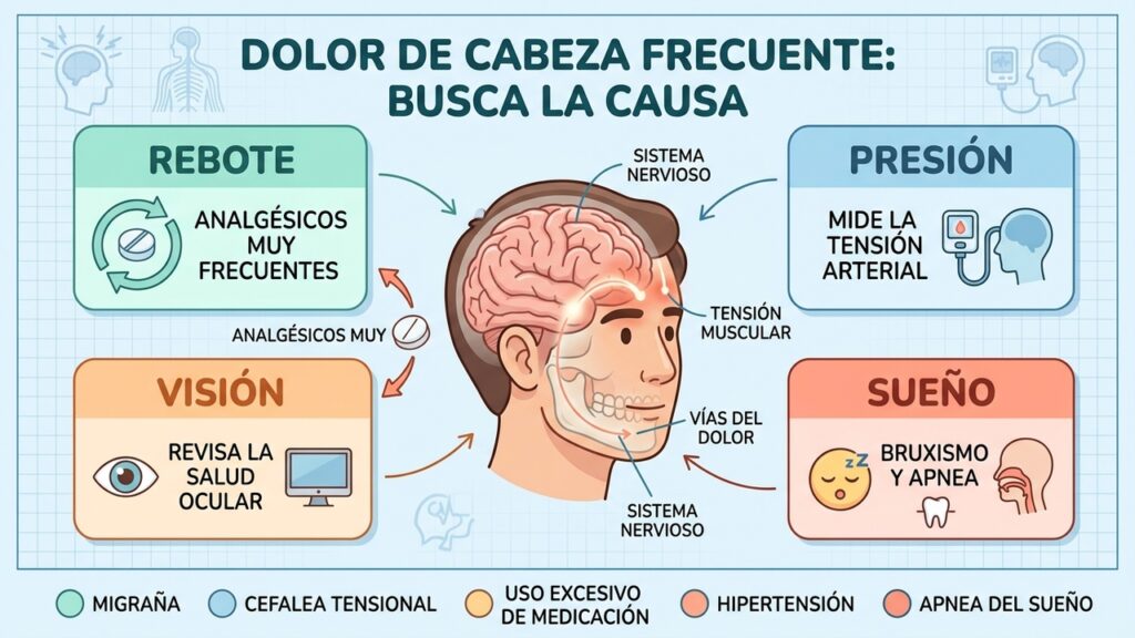 Cuatro causas frecuentes de cefalea recurrente: rebote, presión, visión y trastornos del sueño.