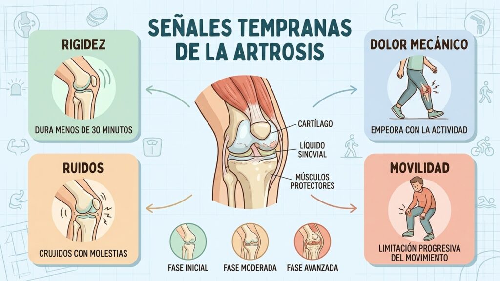La artrosis puede comenzar con dolor mecánico y rigidez articular leve.