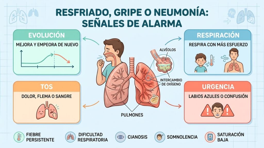 Evolución, respiración, tos y signos de urgencia ayudan a diferenciar neumonía de infecciones virales.