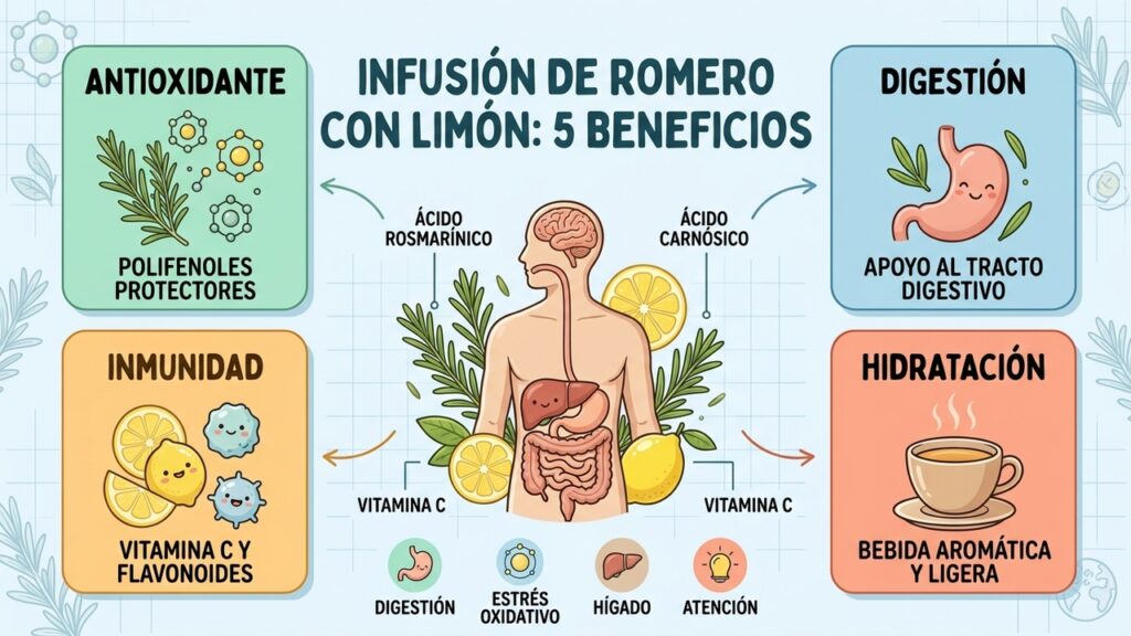 Cinco efectos asociados al romero con limón: antioxidantes, digestivos, inmunitarios, hidratantes y cognitivos.