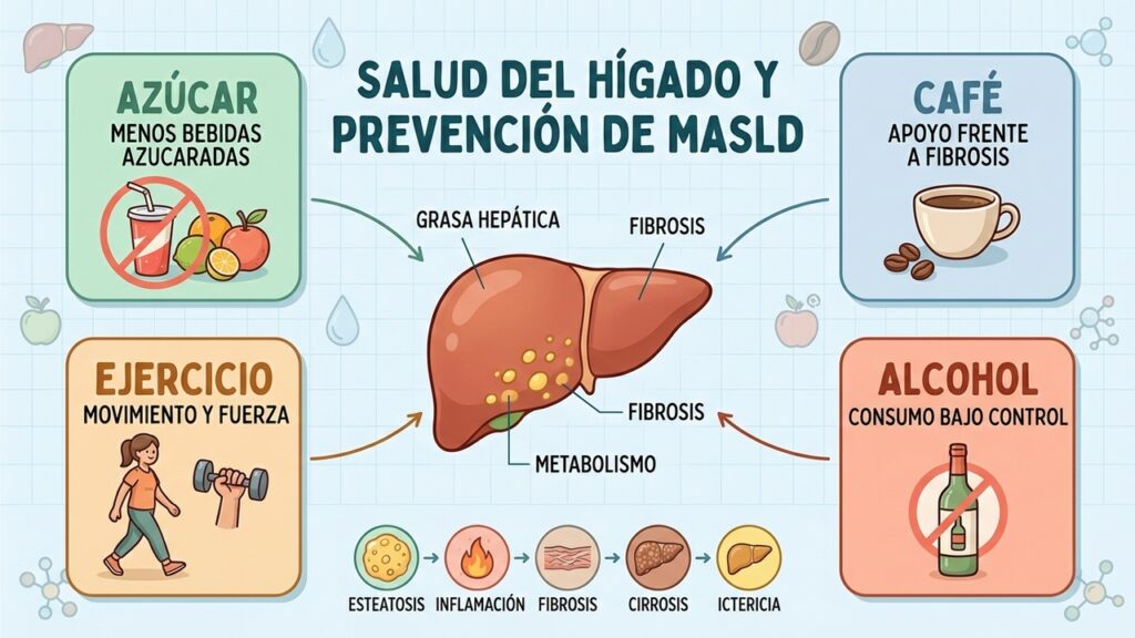 Cuatro pilares hepáticos: menos azúcar, café, ejercicio y control del alcohol."