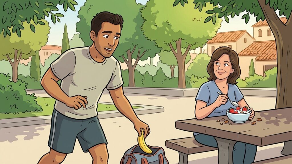 El plátano acompaña el ejercicio; las fresas ofrecen volumen, fibra y pocos azúcares
