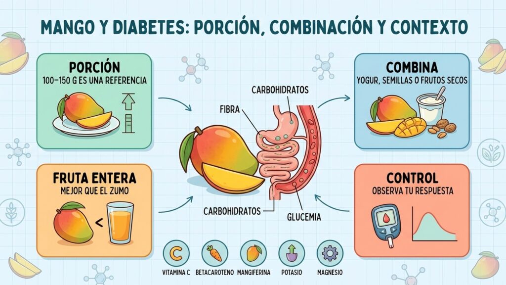 Porción, fibra y combinación ayudan a integrar el mango en una alimentación para diabetes