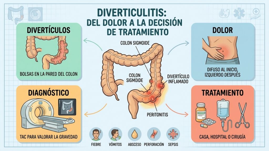 La diverticulitis suele comenzar con dolor difuso y puede localizarse después en el abdomen inferior izquierdo