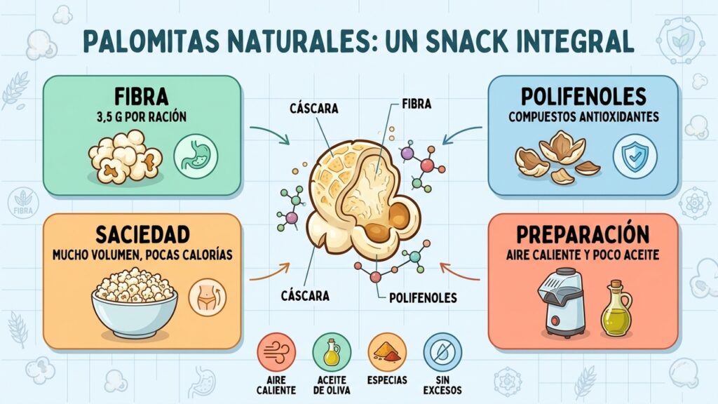 Fibra, polifenoles, volumen y una preparación sencilla definen unas palomitas más saludables.