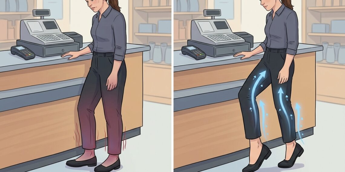 Si sueles pasar muchas horas de pie, moverte y contraer los músculos de las piernas ayuda a la circulación