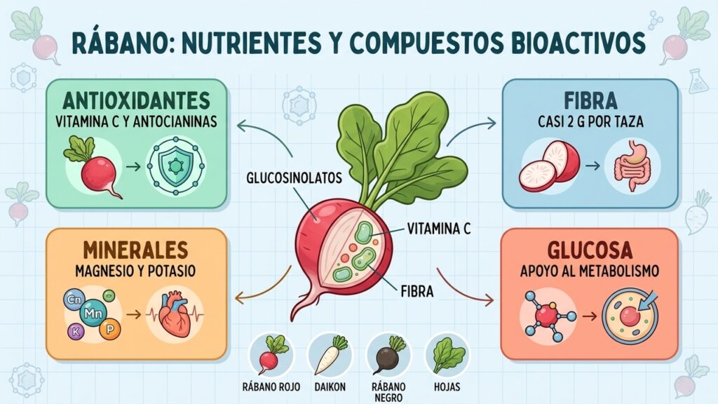 Antioxidantes, fibra, minerales y compuestos sulfurados explican el interés nutricional del rábano.