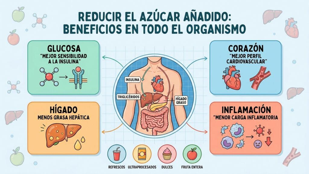 Reducir el azúcar añadido puede mejorar glucosa, triglicéridos, presión arterial y salud hepática