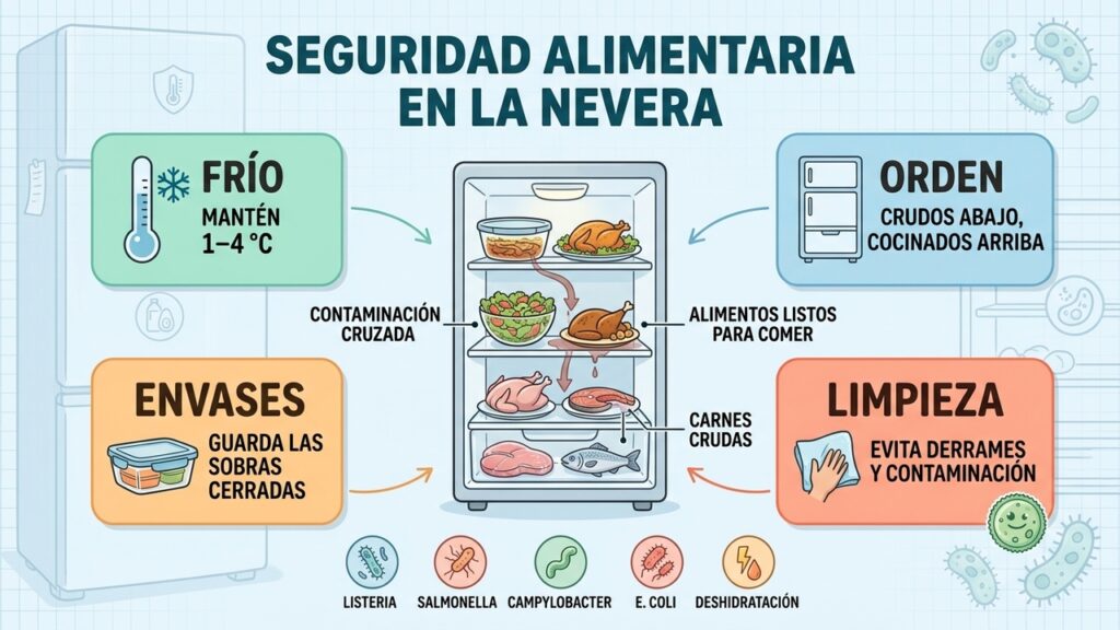 Cuatro hábitos protegen los alimentos: temperatura, orden, recipientes cerrados y limpieza regular.