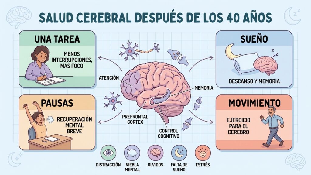Cuatro pilares para proteger el cerebro: foco, sueño, pausas y movimiento.