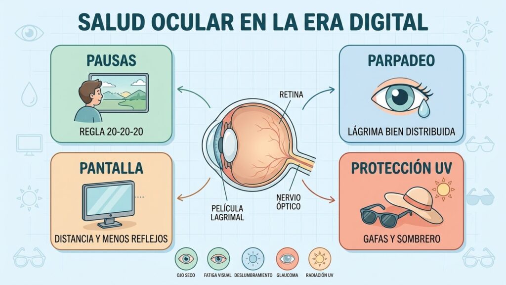Cuatro pilares para proteger los ojos: pausas, parpadeo, ergonomía y protección UV.