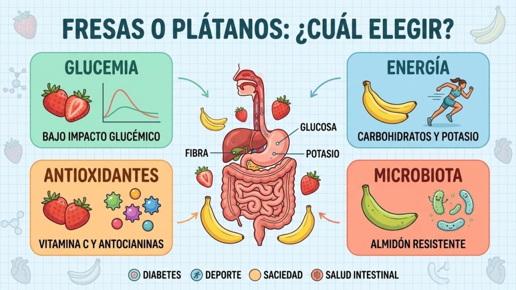 Fresas favorecen el control glucémico; plátanos destacan por energía, potasio y almidón resistente