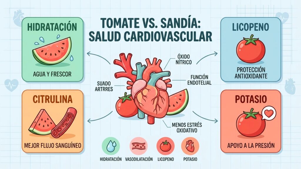 Hidratación, licopeno, citrulina y potasio explican sus ventajas cardiovasculares complementarias.