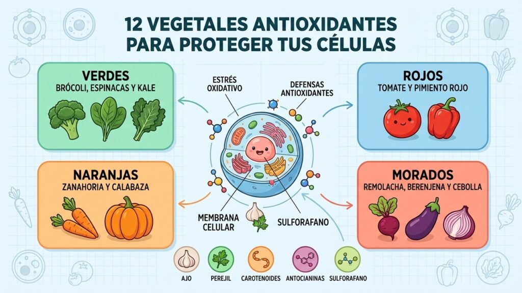La variedad de vegetales españoles aporta antioxidantes que ayudan a proteger las células del daño oxidativo.