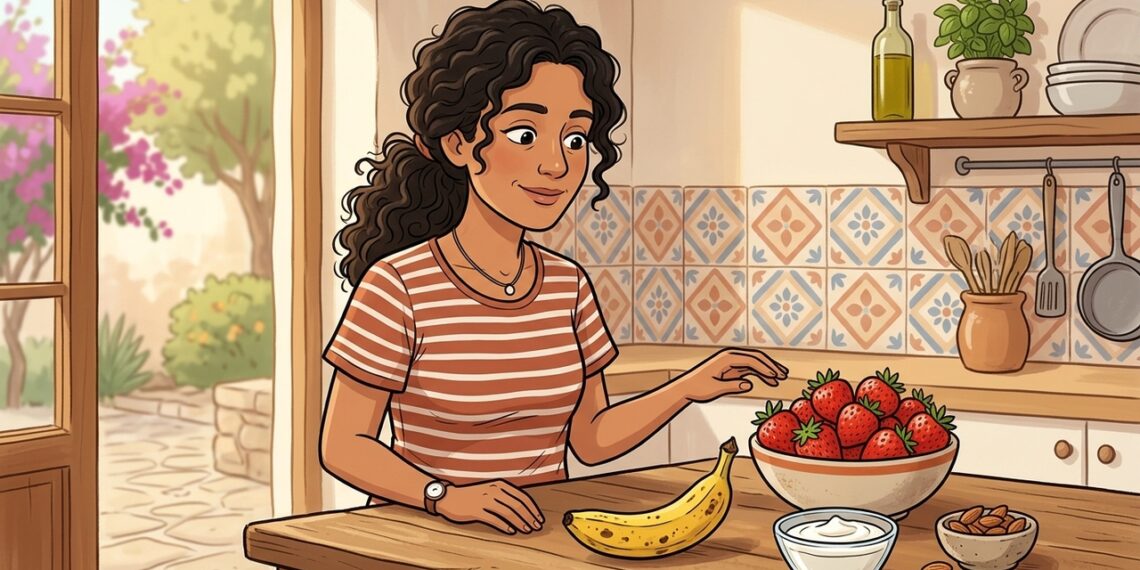 El plátano acompaña el ejercicio; las fresas ofrecen volumen, fibra y pocos azúcares