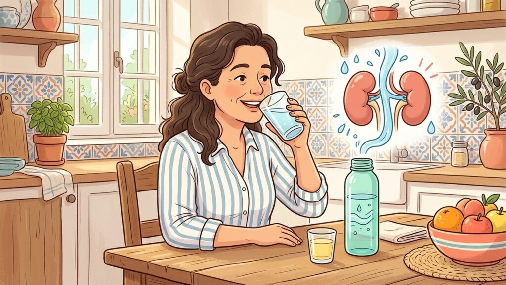 Beber agua regularmente ayuda a mantener la orina diluida y favorece la salud del sistema urinario.