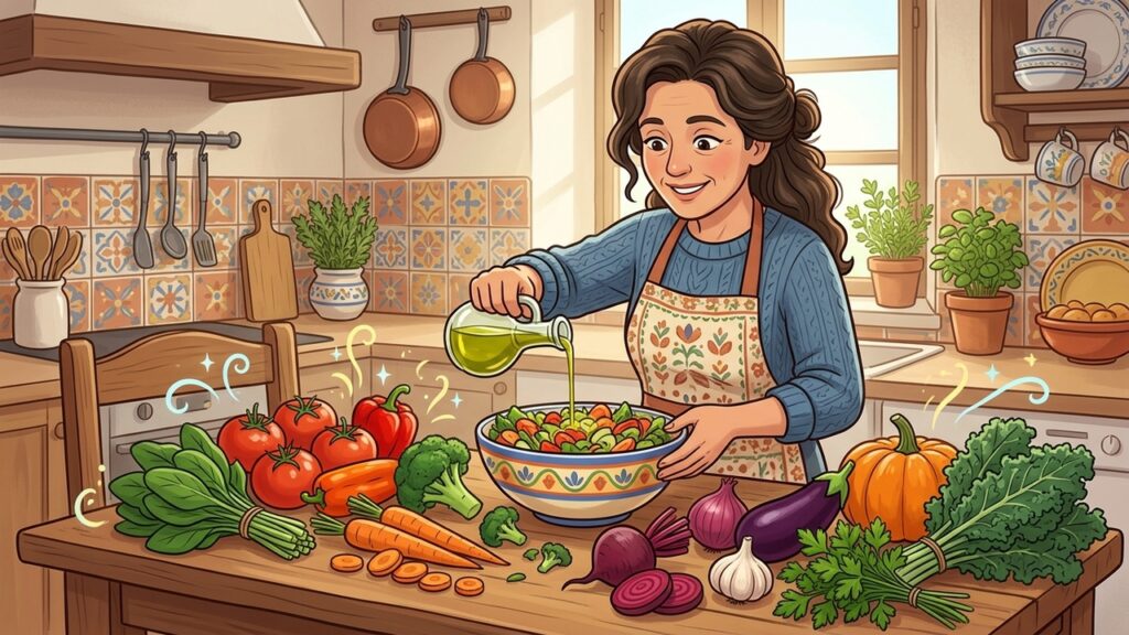 La variedad de vegetales españoles aporta antioxidantes que ayudan a proteger las células del daño oxidativo.