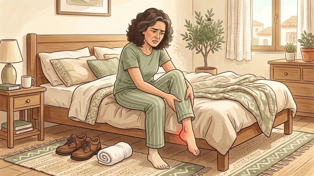 El dolor intenso al dar los primeros pasos puede ser característico de fascitis plantar.