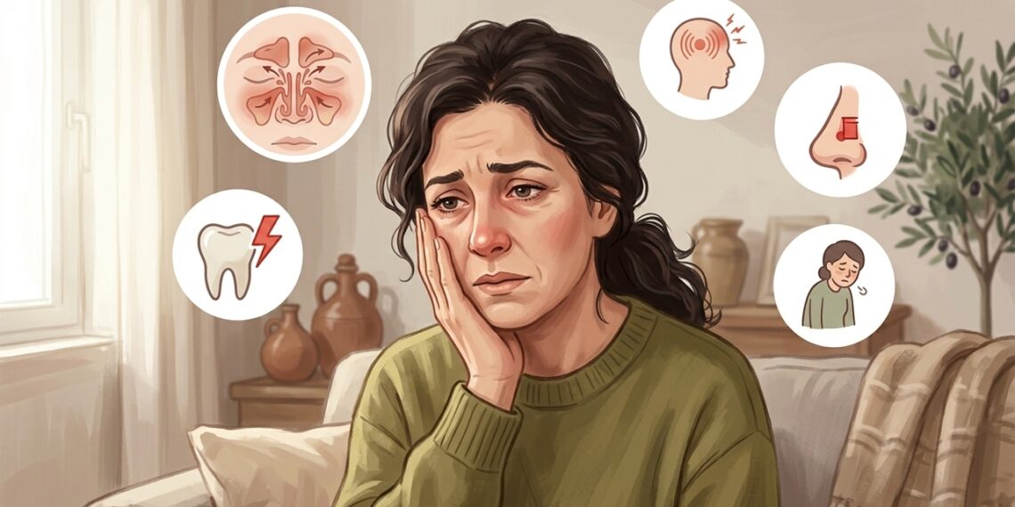La sinusitis puede causar dolor en varios dientes superiores y presión facial.