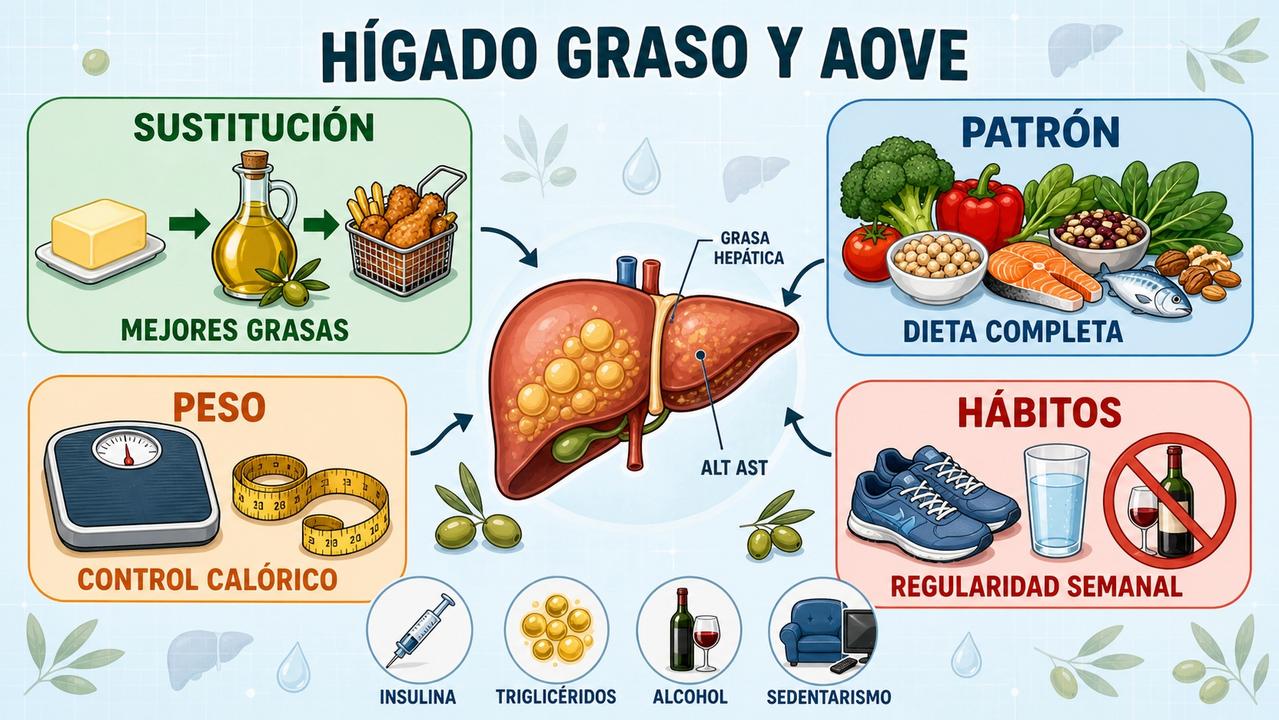 Sustitución, patrón dietético, control del peso y hábitos sostienen la salud hepática.