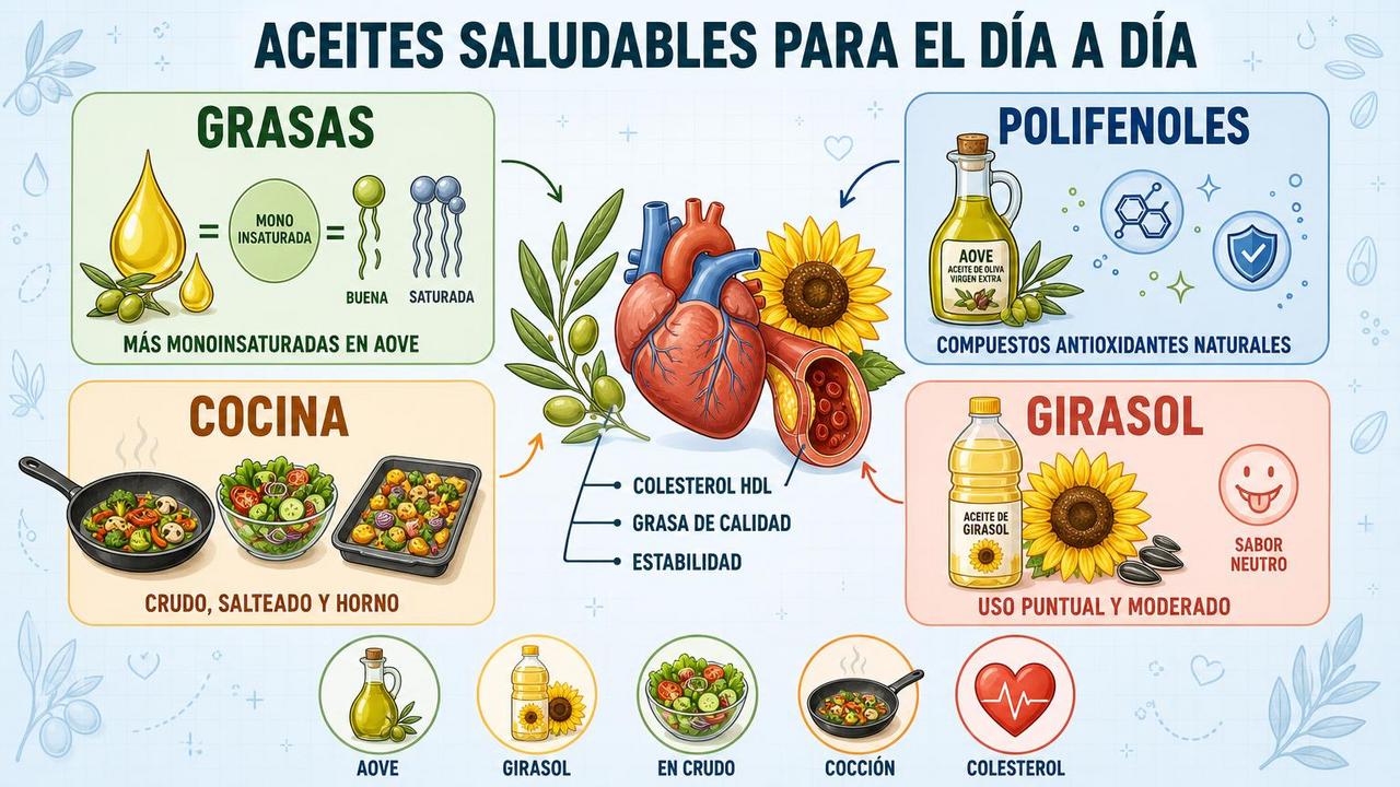 Perfil de grasas, polifenoles, cocina y colesterol en dos aceites habituales.