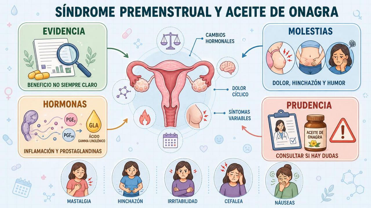 Evidencia, síntomas, hormonas y prudencia al valorar la onagra en SPM.