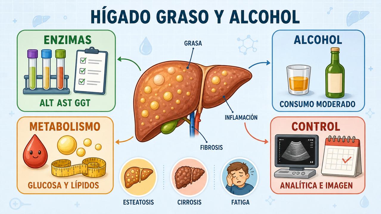 Enzimas, alcohol, metabolismo y control clínico resumen las claves del hígado graso.