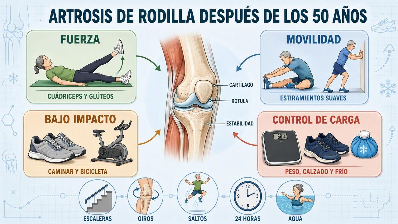 Fuerza, movilidad, bajo impacto y control de carga cuidan el cartílago.