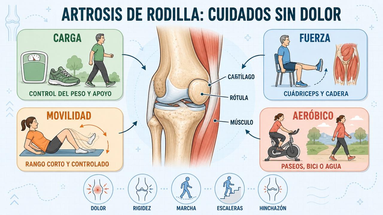 Cuatro pilares para cuidar la rodilla: carga, fuerza, movilidad y aeróbico.