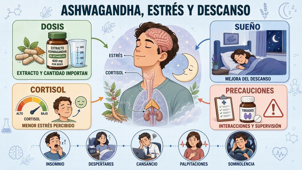 Dosis, sueño, cortisol y precauciones resumen el uso responsable de ashwagandha.