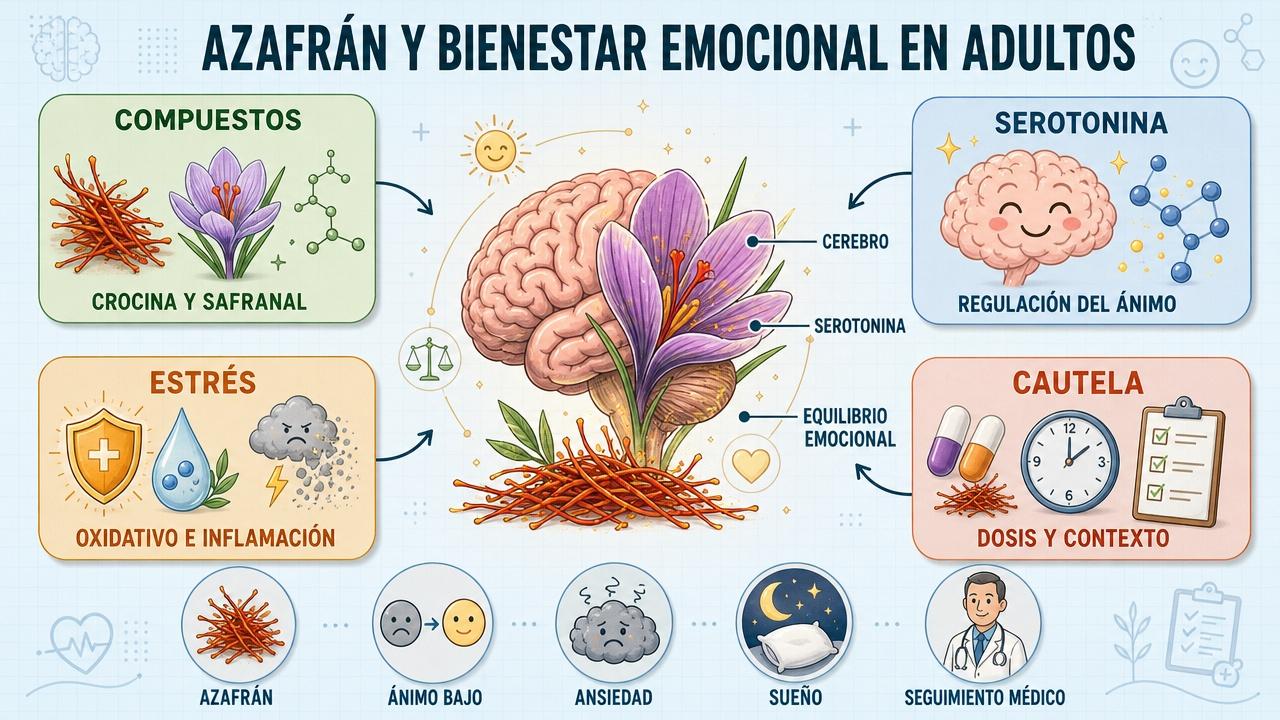 Compuestos, serotonina, estrés oxidativo y dosis: claves del azafrán y bienestar.