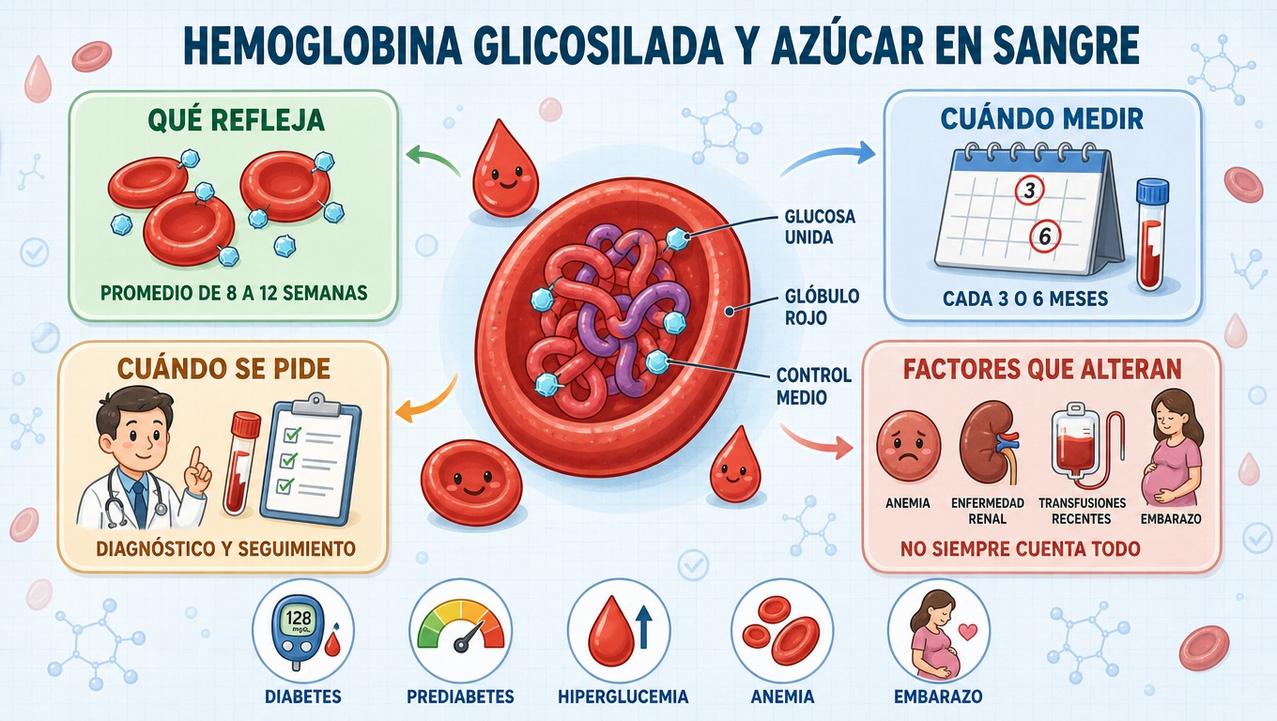 La infografía resume qué refleja la HbA1c, cuándo medirla y sus límites.