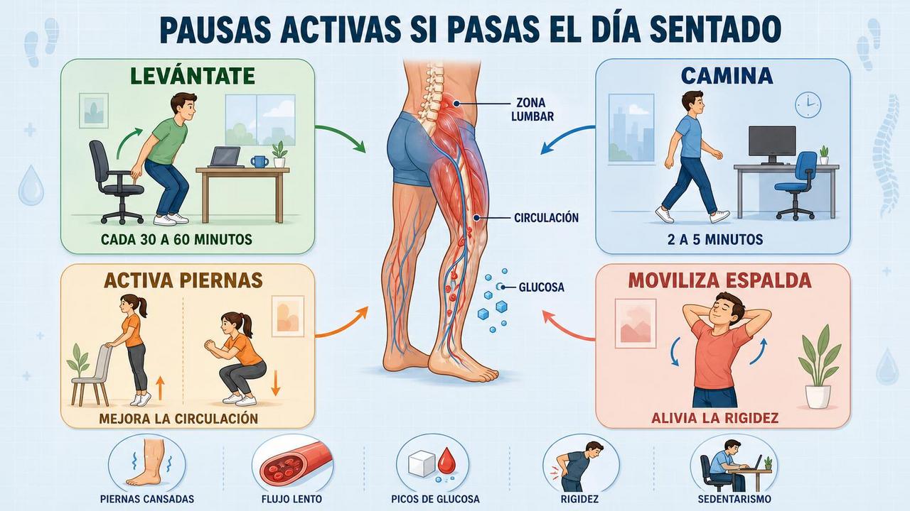 Cuatro pausas activas para circulación, glucosa y alivio lumbar.
