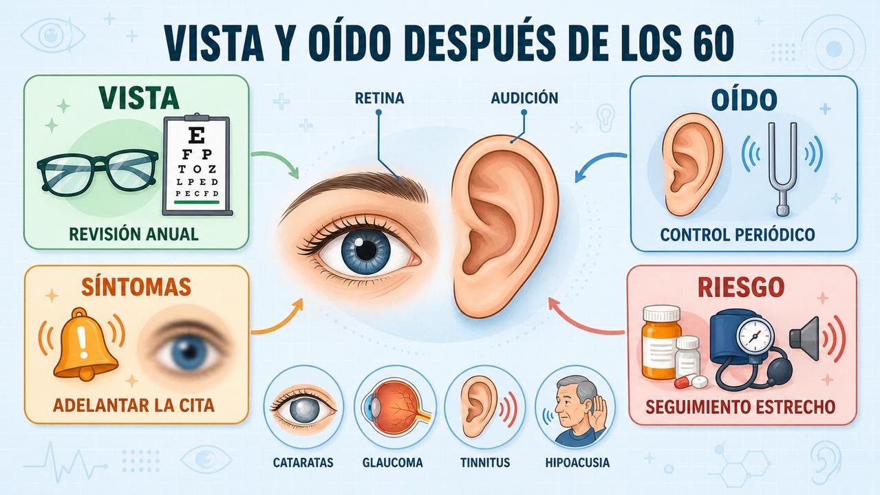 Controles, síntomas y factores de riesgo clave para vista y oído.
