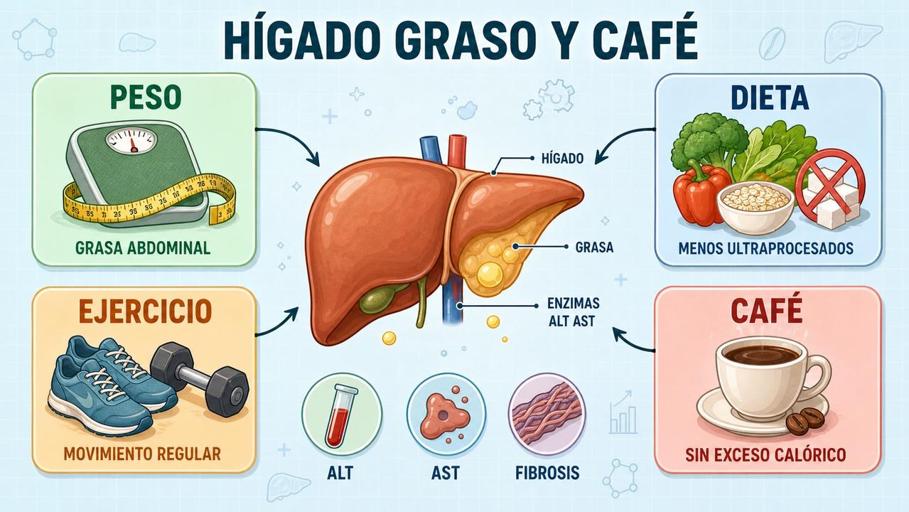 Peso, dieta, ejercicio y café explican mejor la evolución del hígado graso.