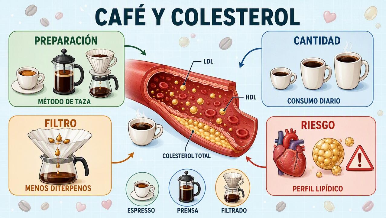 Preparación, cantidad, filtro y riesgo lipídico resumen la relación entre café y colesterol.