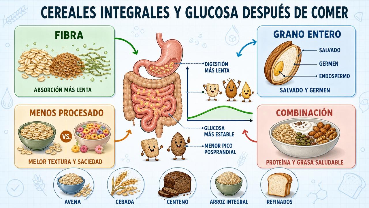 Fibra, grano entero, menos procesado y buena combinación reducen picos glucémicos.