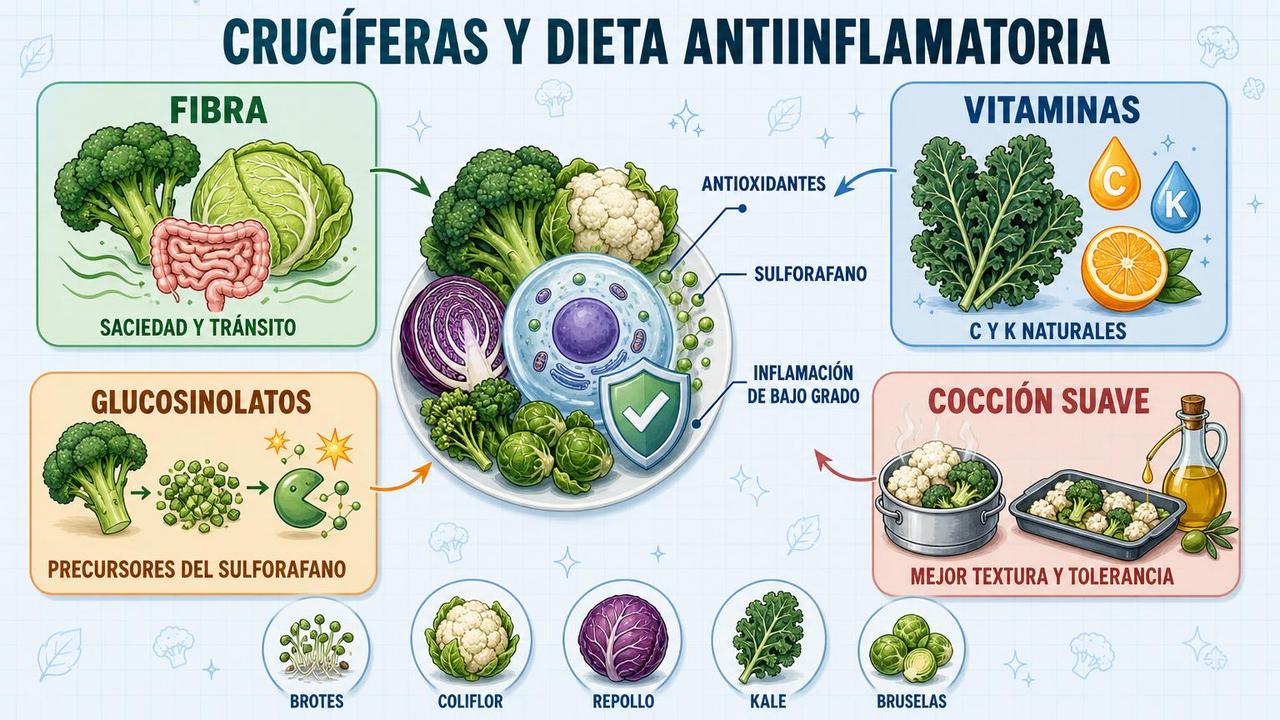 Fibra, vitaminas, glucosinolatos y cocción suave: pilares de las crucíferas.