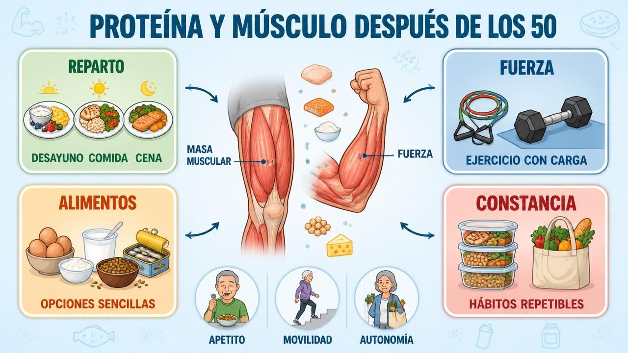 Reparto, fuerza, alimentos y constancia sostienen la masa muscular con la edad.